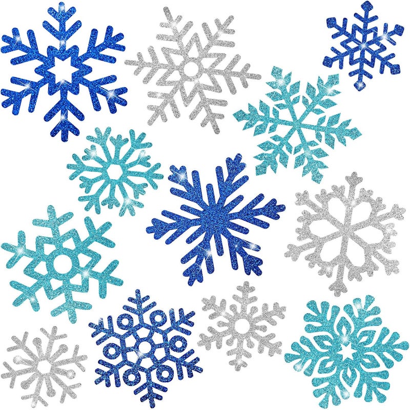 Geyee 96 Pcs Snowflakes Cutouts 12 Styles Glitter Snowflakes Board Cutouts Ornaments with Glue Point Dots for Winter Christmas Wonderland Party Home Decoration(Blue, Silver) - Image 1